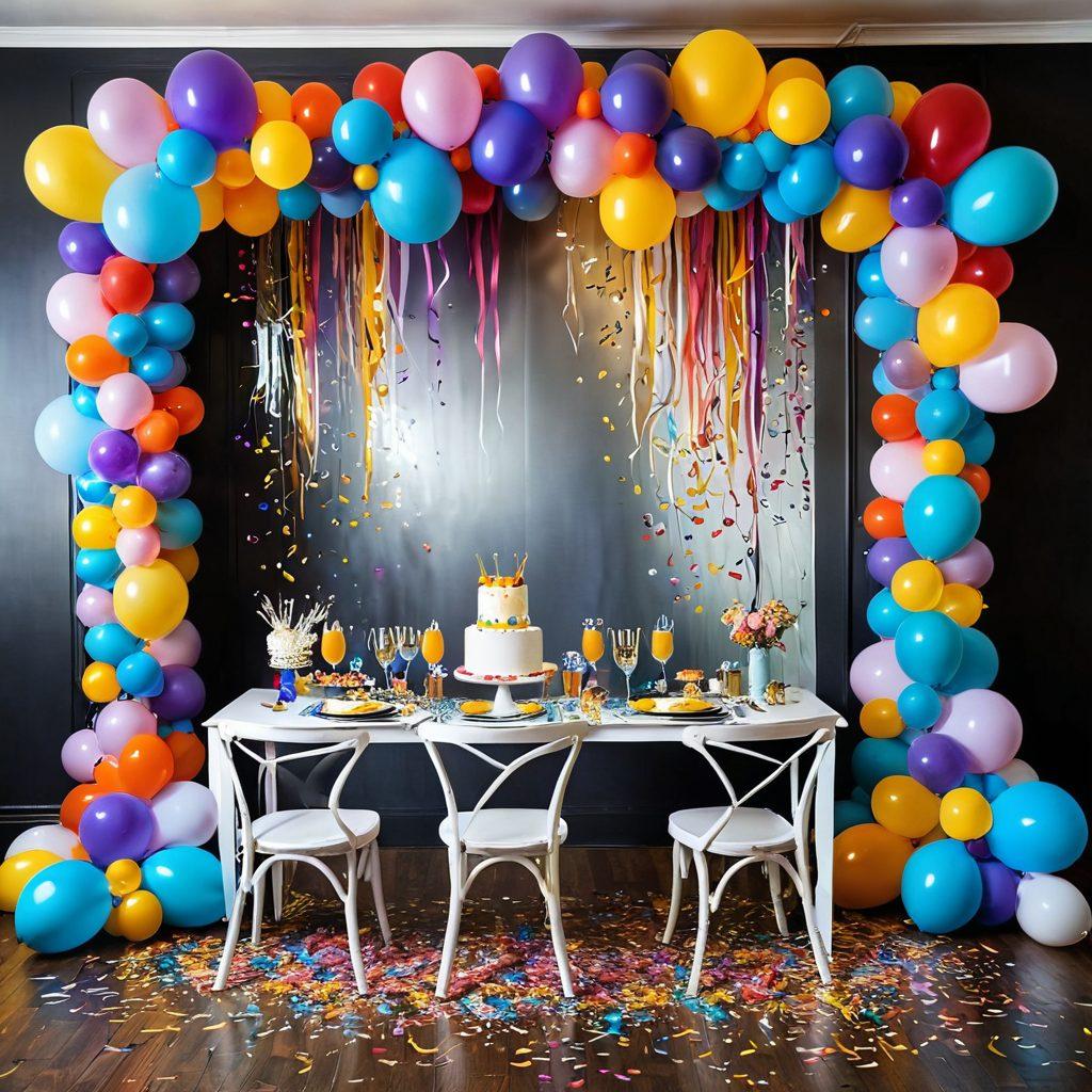 A vibrant and festive scene showcasing a variety of themed party supplies and colorful balloon decorations, including whimsical arches made of balloons, elegant table settings with unique centerpieces, and playful party hats and confetti scattered around. The background features cheerful streamers and twinkling lights, reflecting an atmosphere of joy and celebration. The image should evoke a sense of excitement and creativity in party planning. super-realistic. vibrant colors.