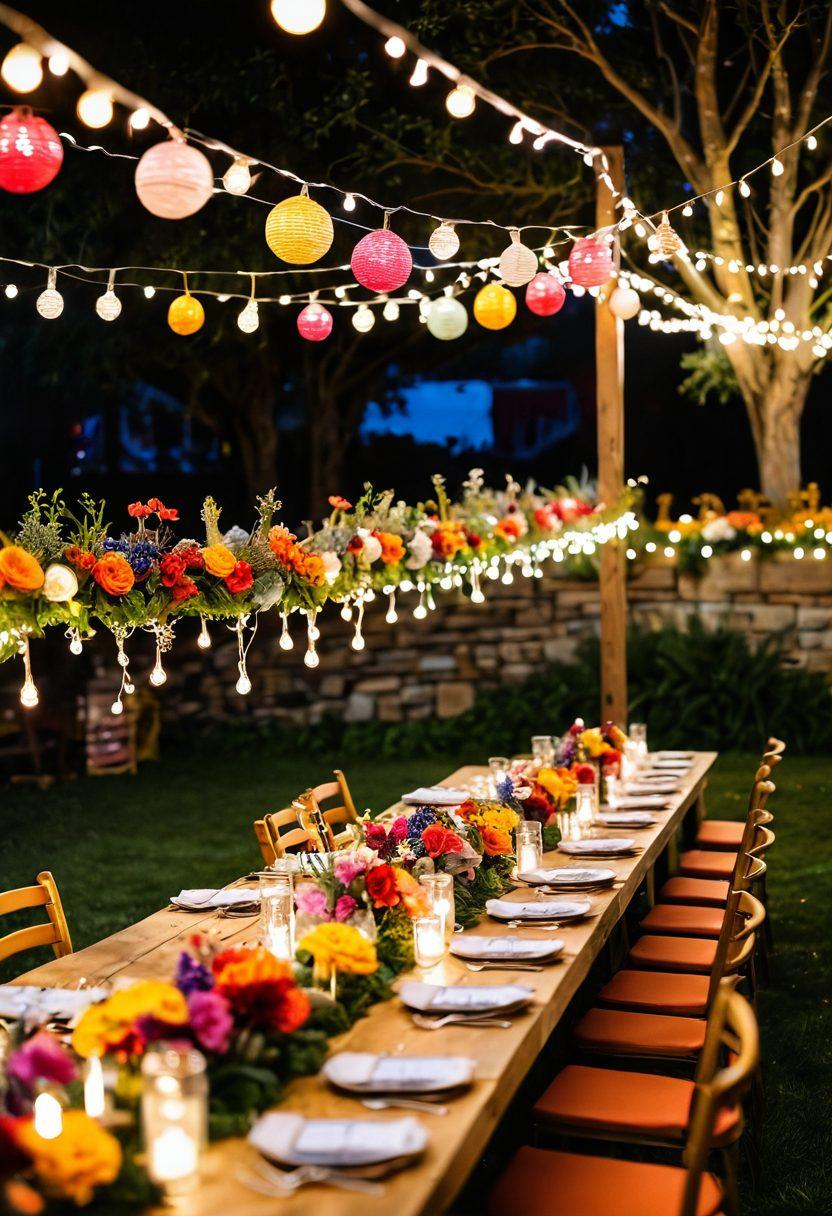 A vibrant and whimsical event setup featuring a creatively designed outdoor venue with colorful decorations, imaginative table settings, and unique floral arrangements. Include elements like string lights, handmade centerpieces, and artistic backdrops showcasing an explosion of colors and textures. Capture the essence of imaginative design and celebration. super-realistic. vibrant colors. lively atmosphere.