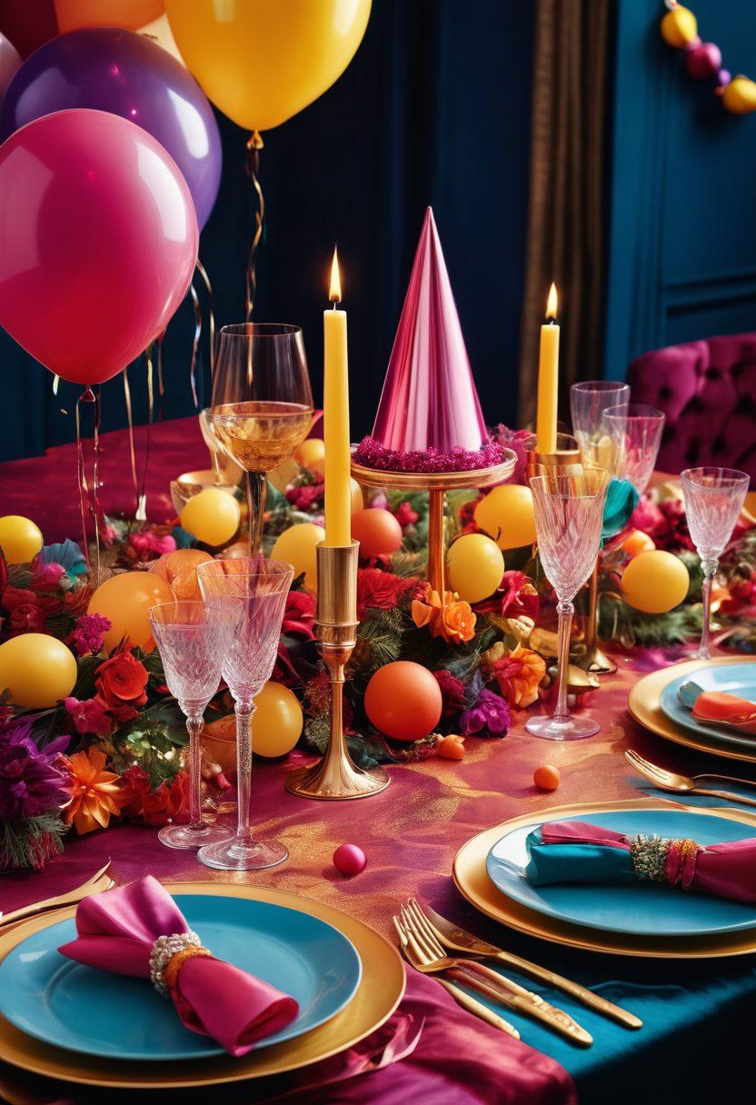 A vibrant, stylish table setting adorned with elegant party accessories like shimmering candles, intricate party hats, and luxurious tableware. Showcasing guests dressed in fashionable attire, toasting with colorful cocktails amidst festive decorations such as balloons and streamers. The ambiance should exude joy and celebration, capturing the essence of unforgettable moments. super-realistic. vibrant colors. festive atmosphere.